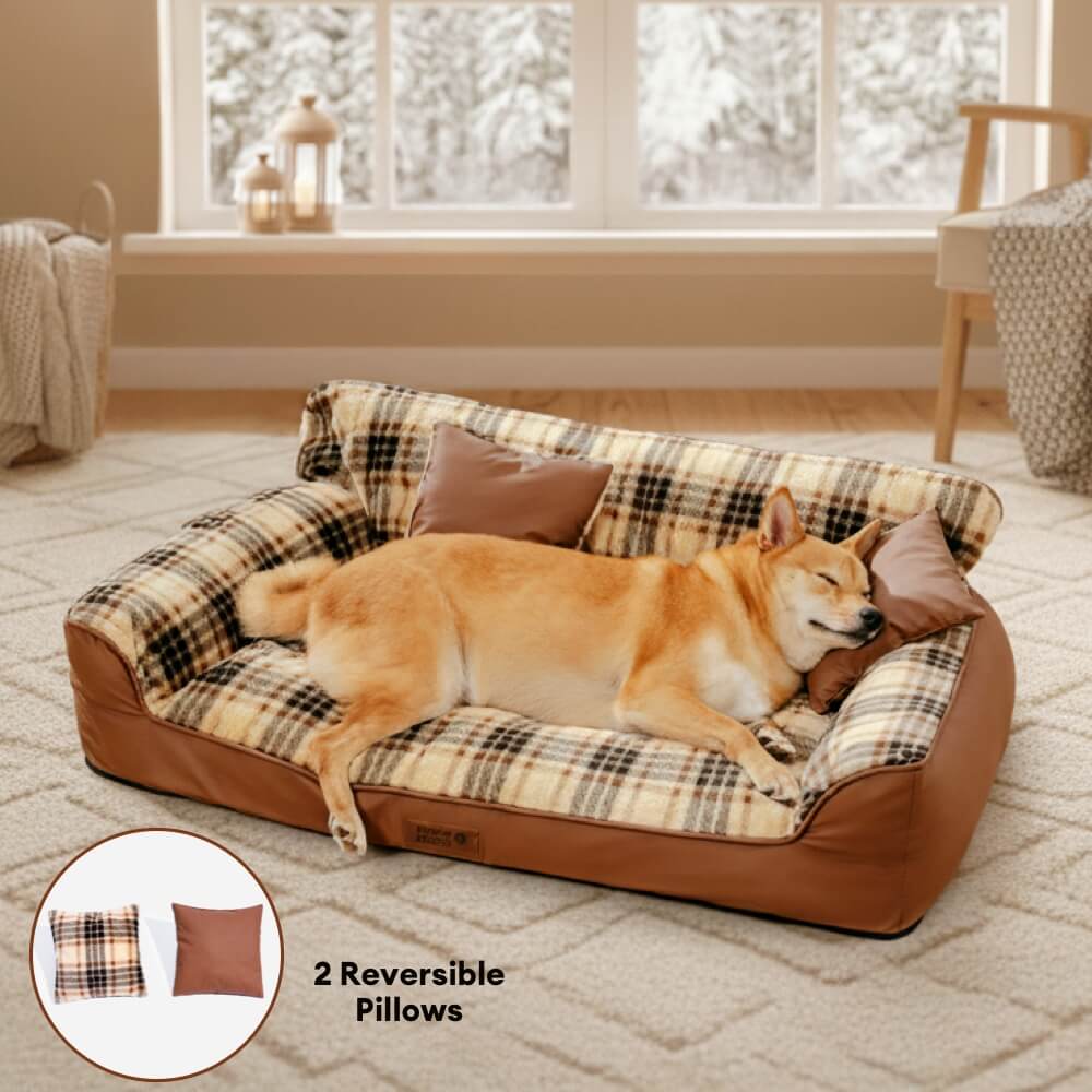 Vintage Plaid Plush Orthopaedic Dog Sofa Bed with Pillows - CosyLuxe