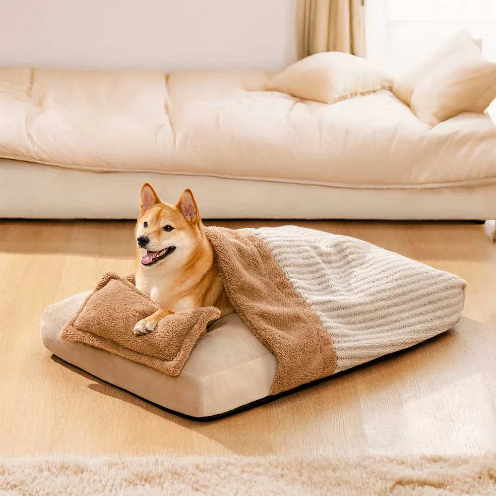 Plush Striped Cave Covered Orthopaedic Dog Bed With Pillow - FluffyWarm