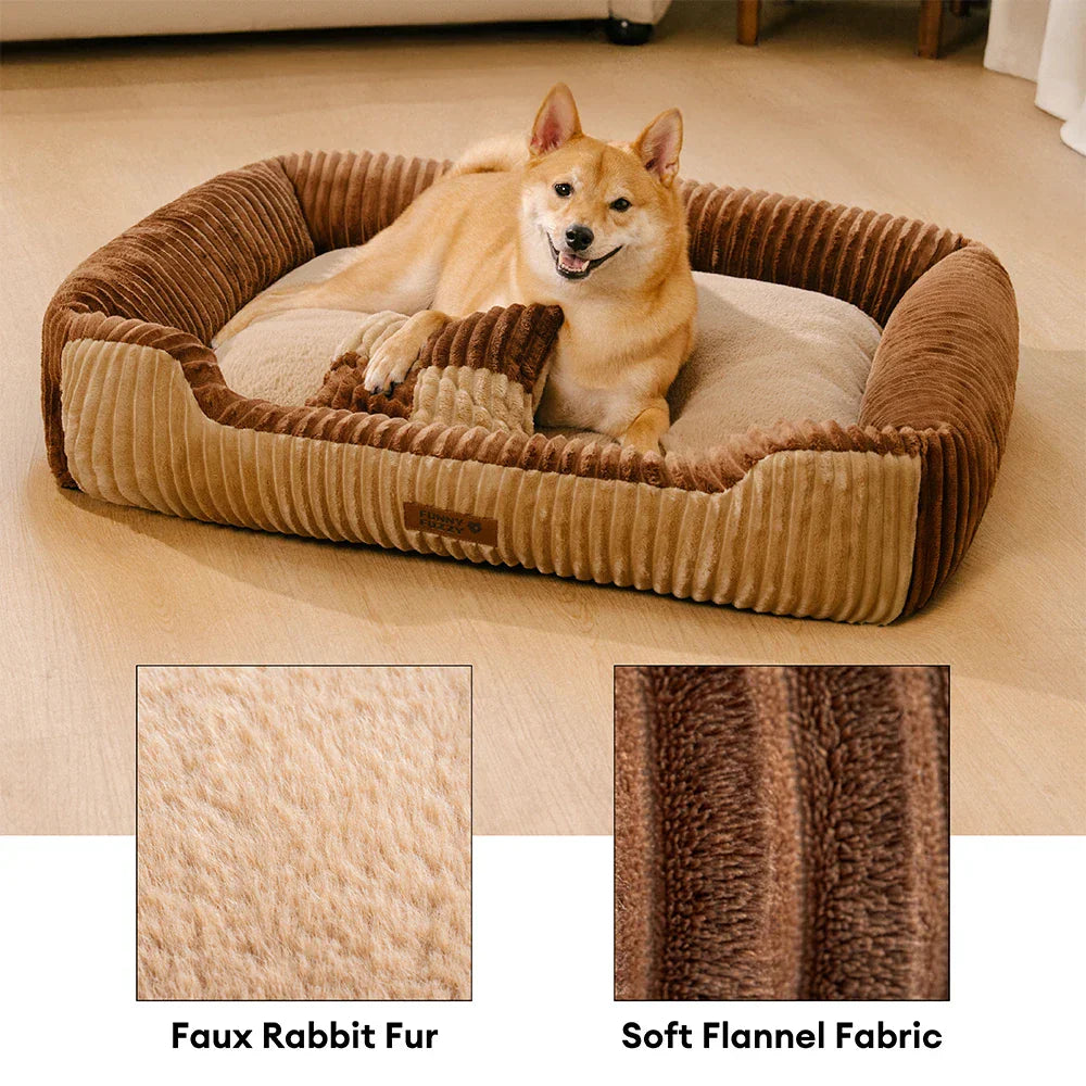 Vintage Colour-Block Flannel Removable Bolster Dog Bed with Pillow– CosyRest