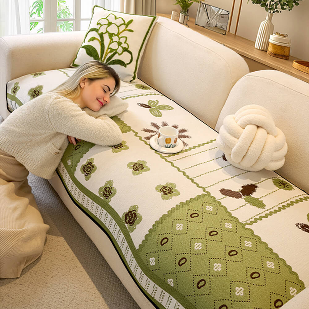 Chenille Scratch-resistant Fabric Pastoral Style Irregular Shaped Non-slip Sofa Cover