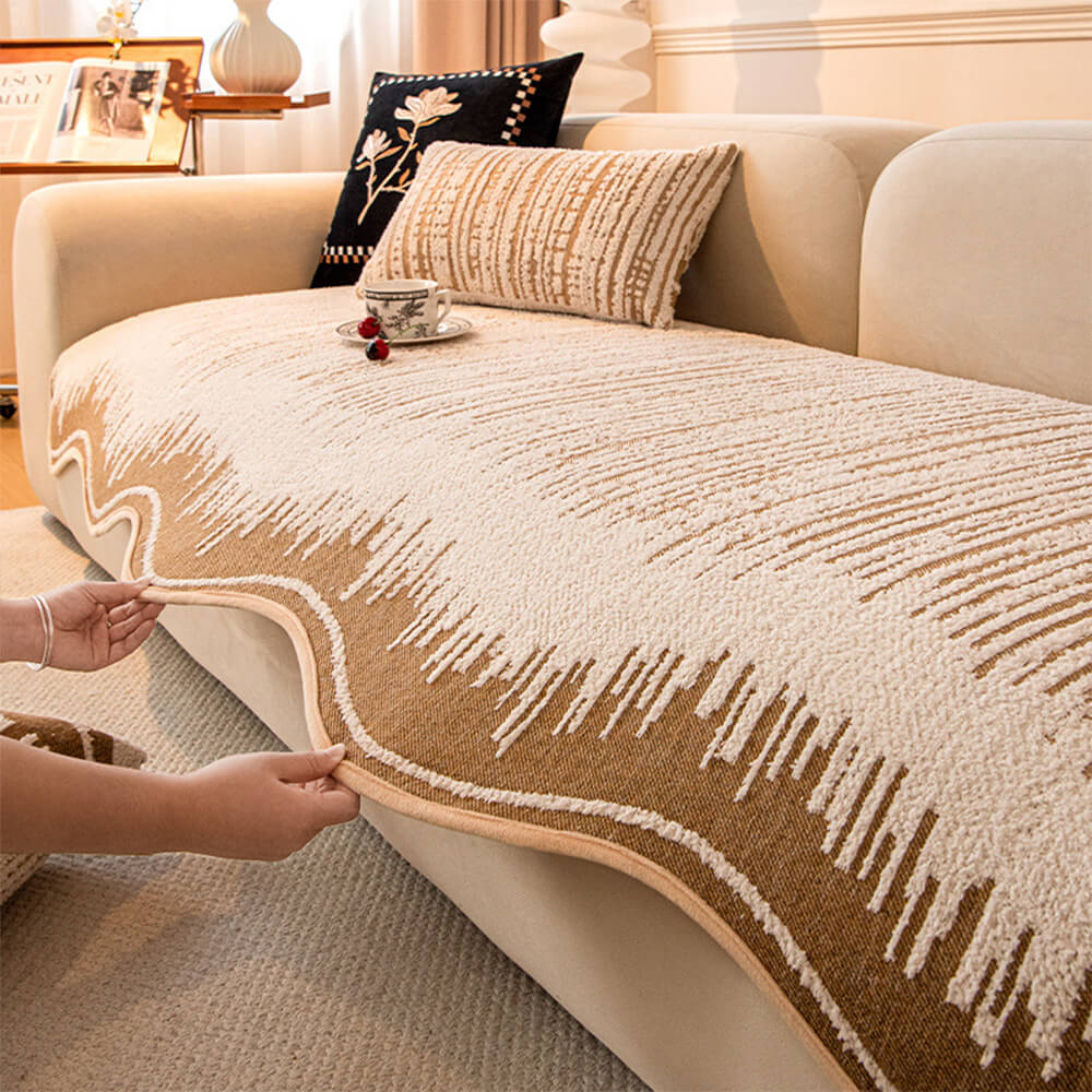 Modern Abstract Lines Plush Sofa Cover with Wavy Edges
