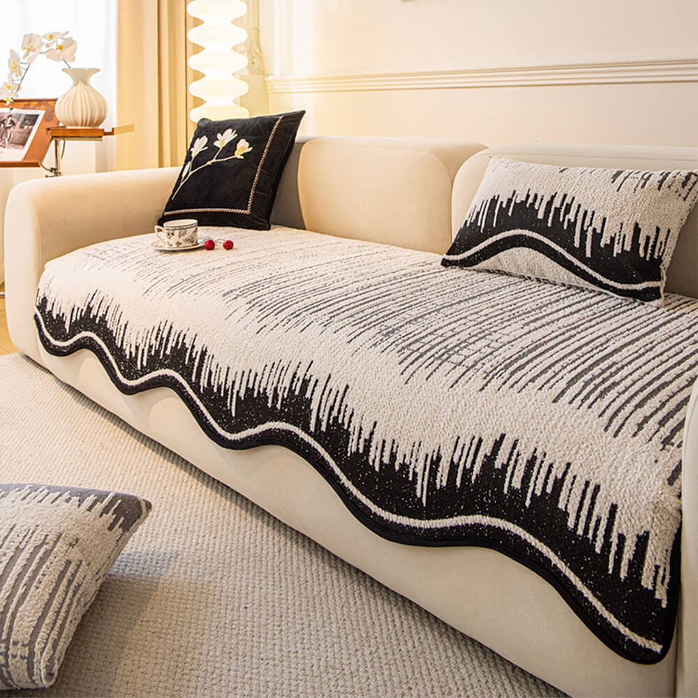 Modern Abstract Lines Plush Sofa Cover with Wavy Edges