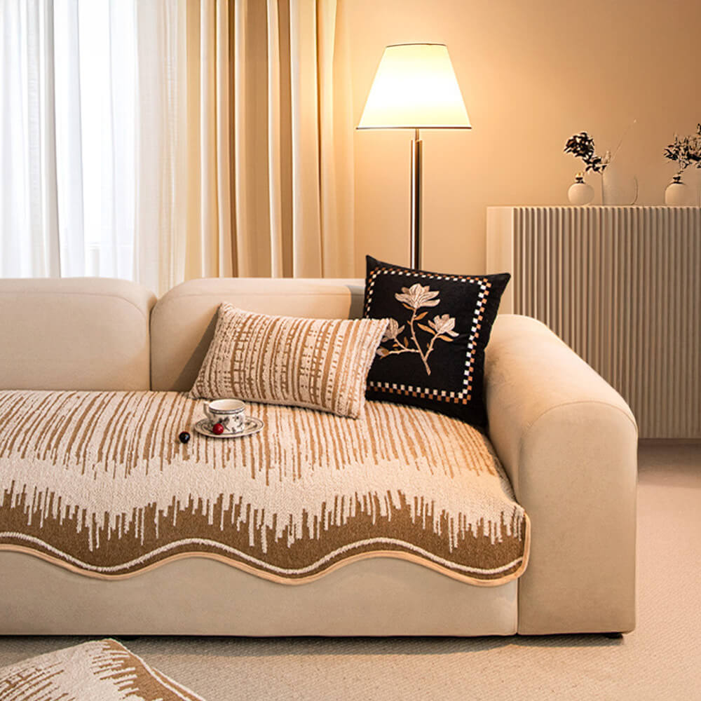 Modern Abstract Lines Plush Sofa Cover with Wavy Edges
