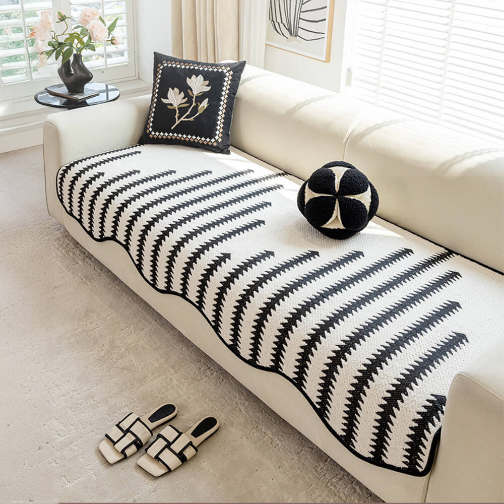 Modern Chevron Stripes Chenille Sofa Cover with Wavy Edges