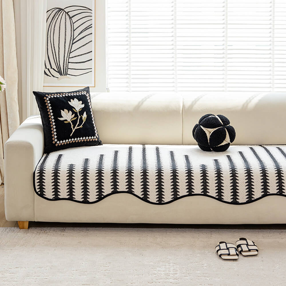 Modern Chevron Stripes Chenille Sofa Cover with Wavy Edges