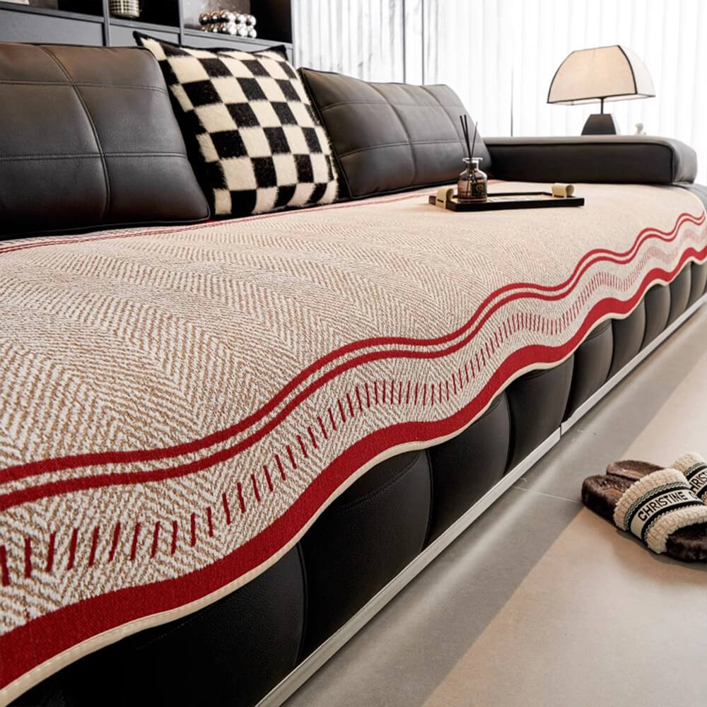 Non-Slip Herringbone Chenille Sofa Cover with Wavy Edges