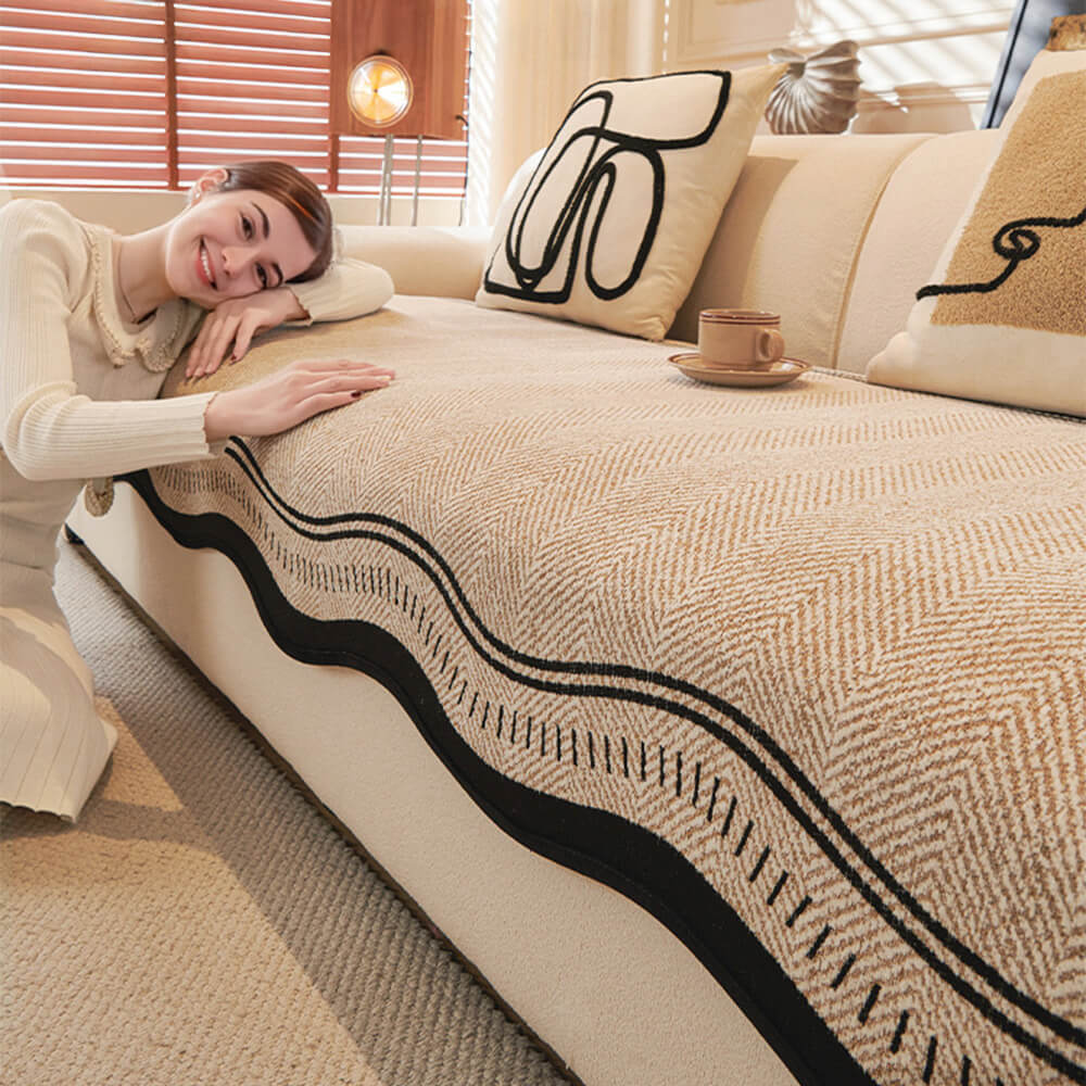 Non-Slip Herringbone Chenille Sofa Cover with Wavy Edges