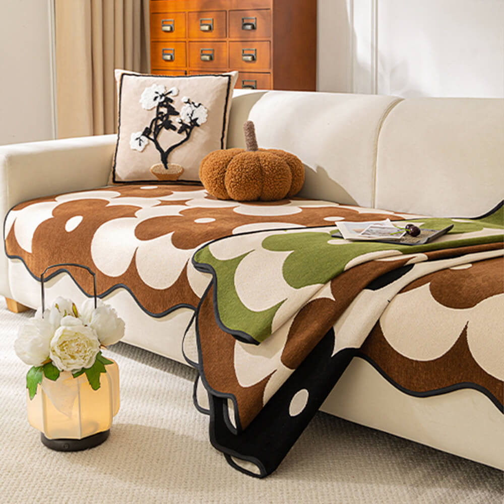 Elegant Floral Chenille Sofa Cover with Wavy Border