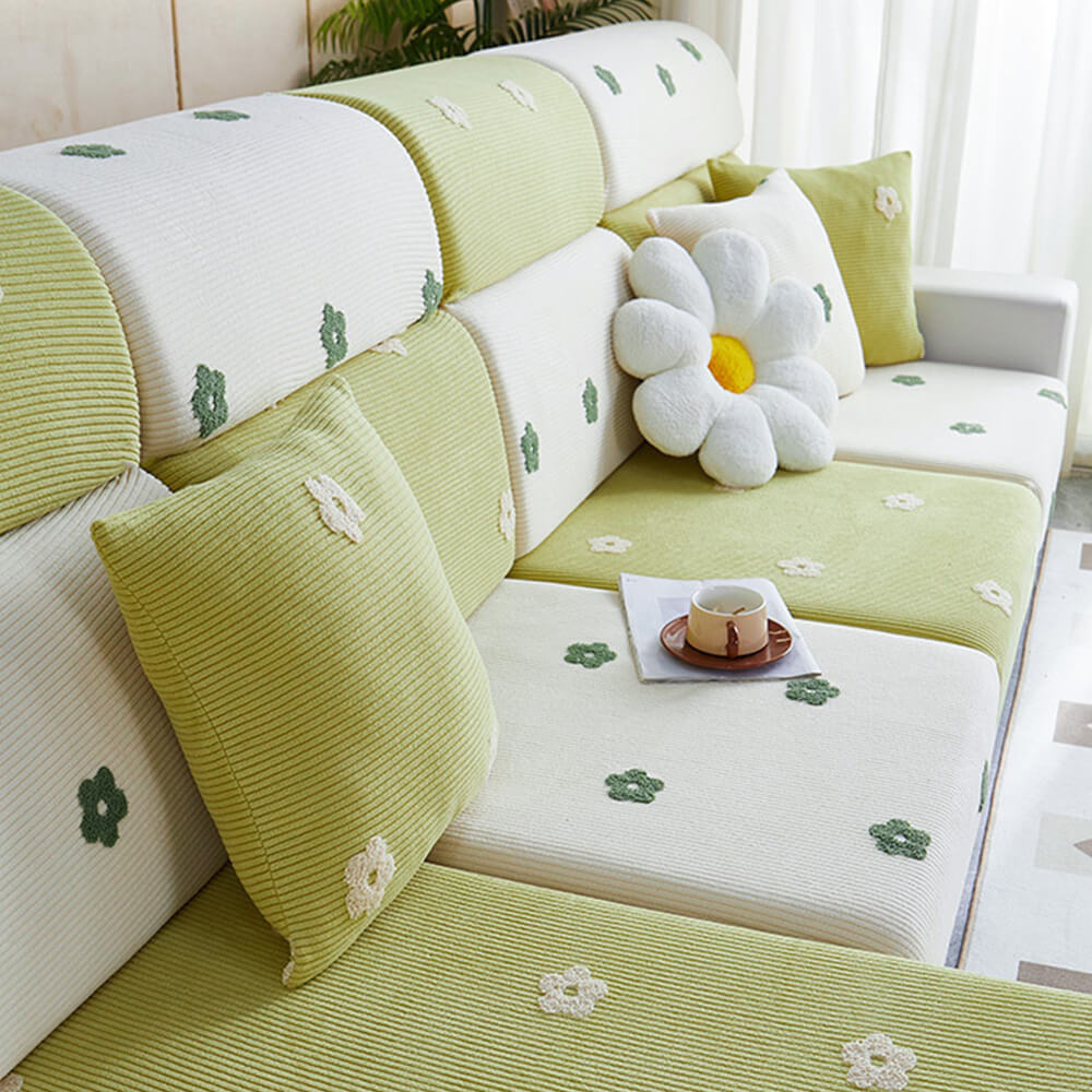 Floral Embroidered Fleece Sofa Anti-Scratch Stretch Sofa Cover