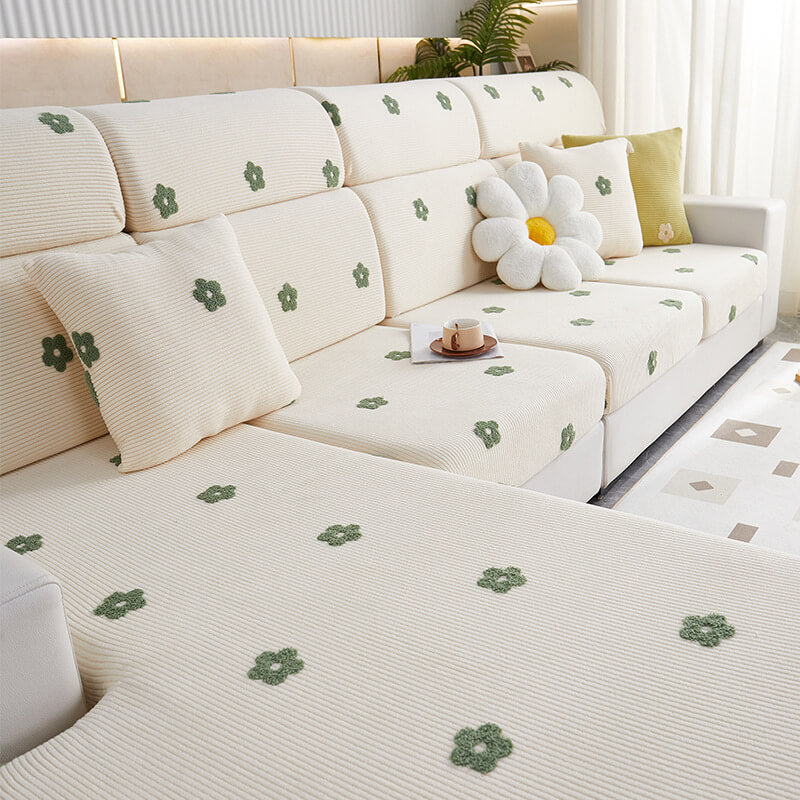 Floral Embroidered Fleece Sofa Anti-Scratch Stretch Sofa Cover