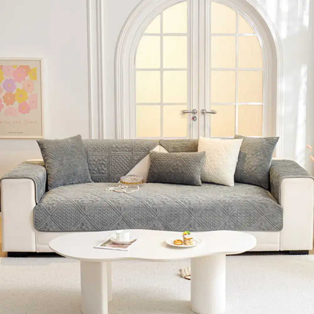 Embossed Geometric Pattern Soft Plush Quilted Non-Slip Sofa Cover