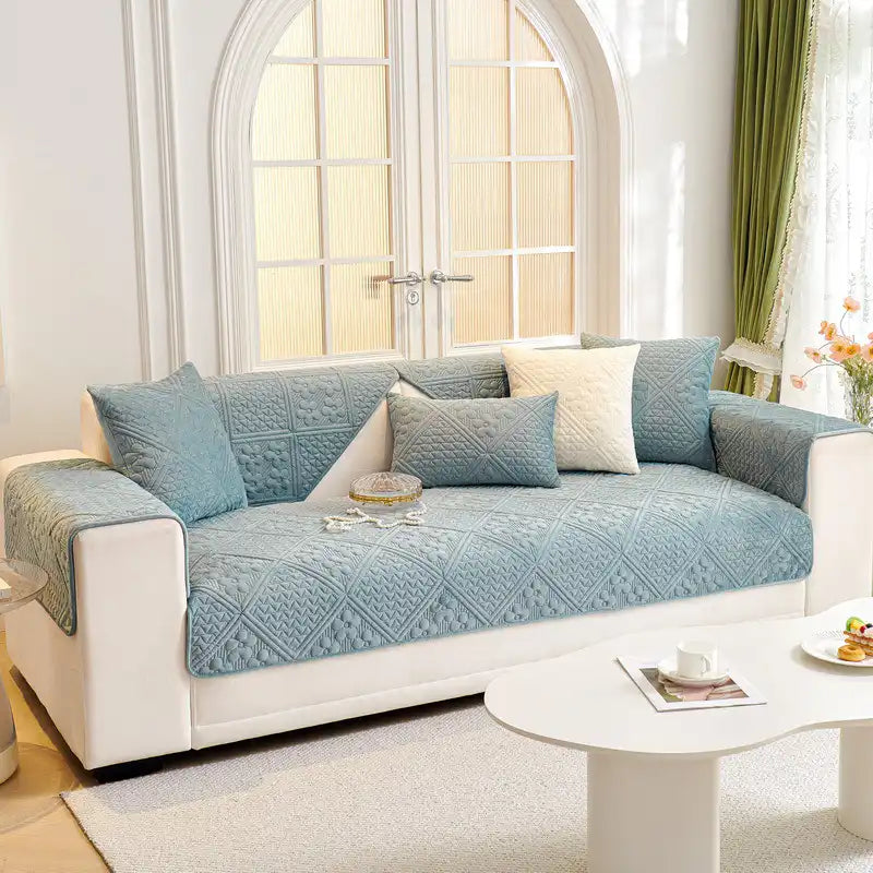 Embossed Geometric Pattern Soft Plush Quilted Non-Slip Sofa Cover