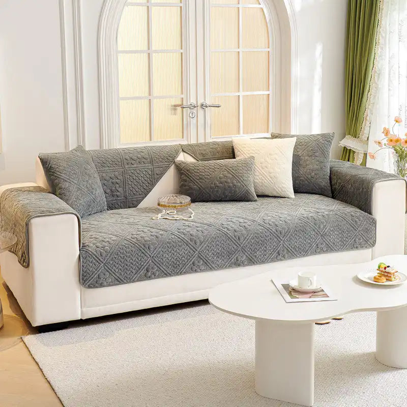 Embossed Geometric Pattern Soft Plush Quilted Non-Slip Sofa Cover