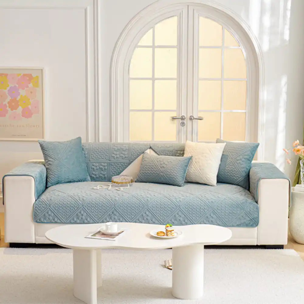 Embossed Geometric Pattern Soft Plush Quilted Non-Slip Sofa Cover