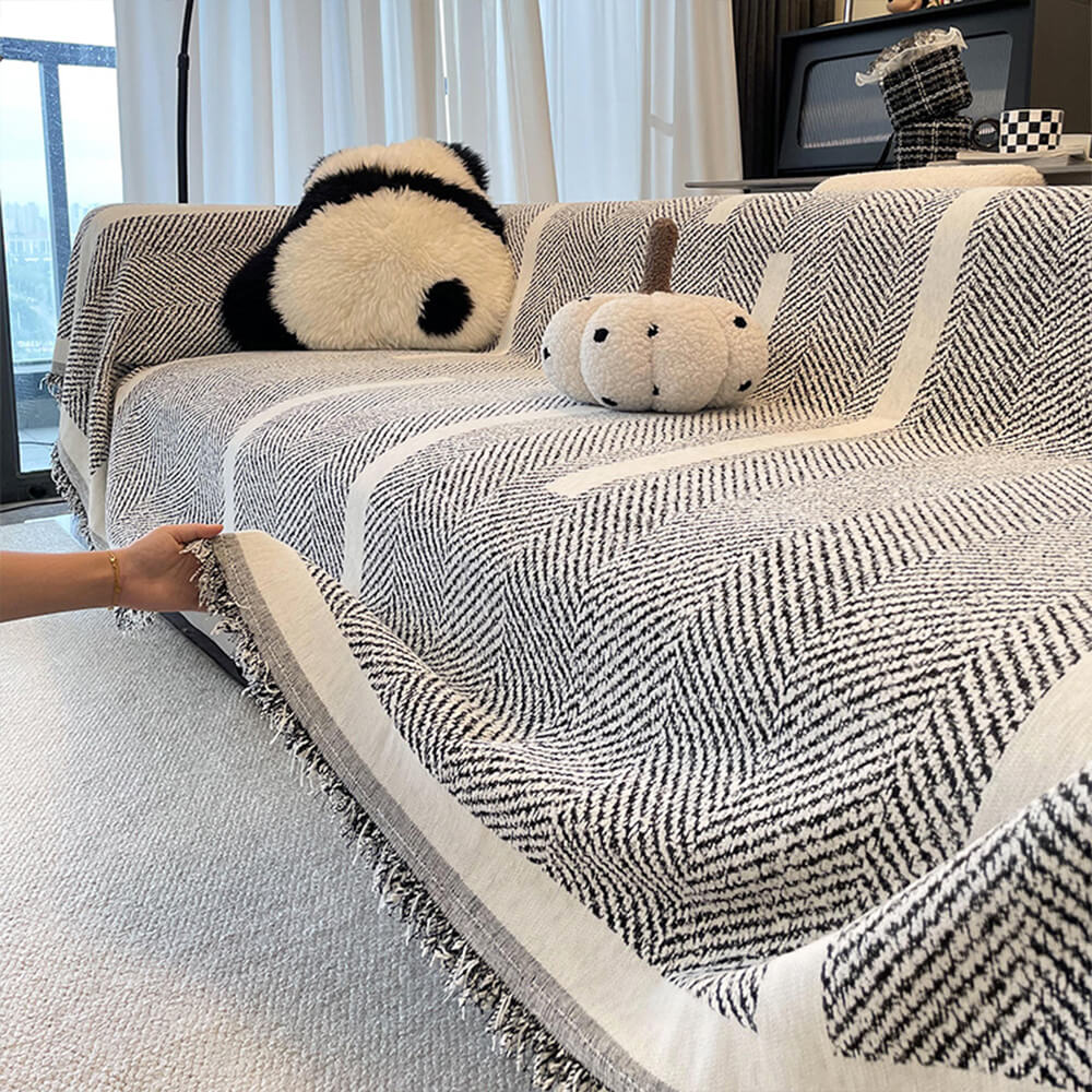 Herringbone Pattern Fringed Chenille Throw Sofa Cover