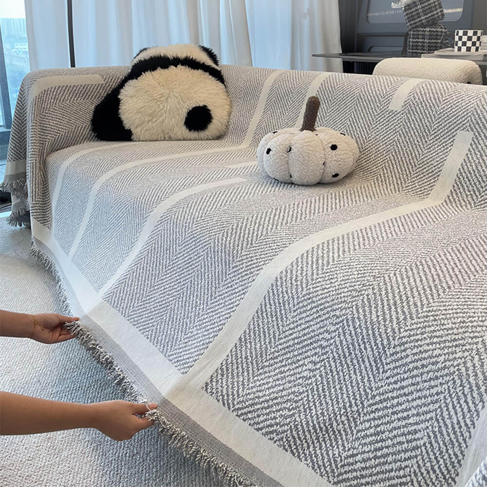 Herringbone Pattern Fringed Chenille Throw Sofa Cover