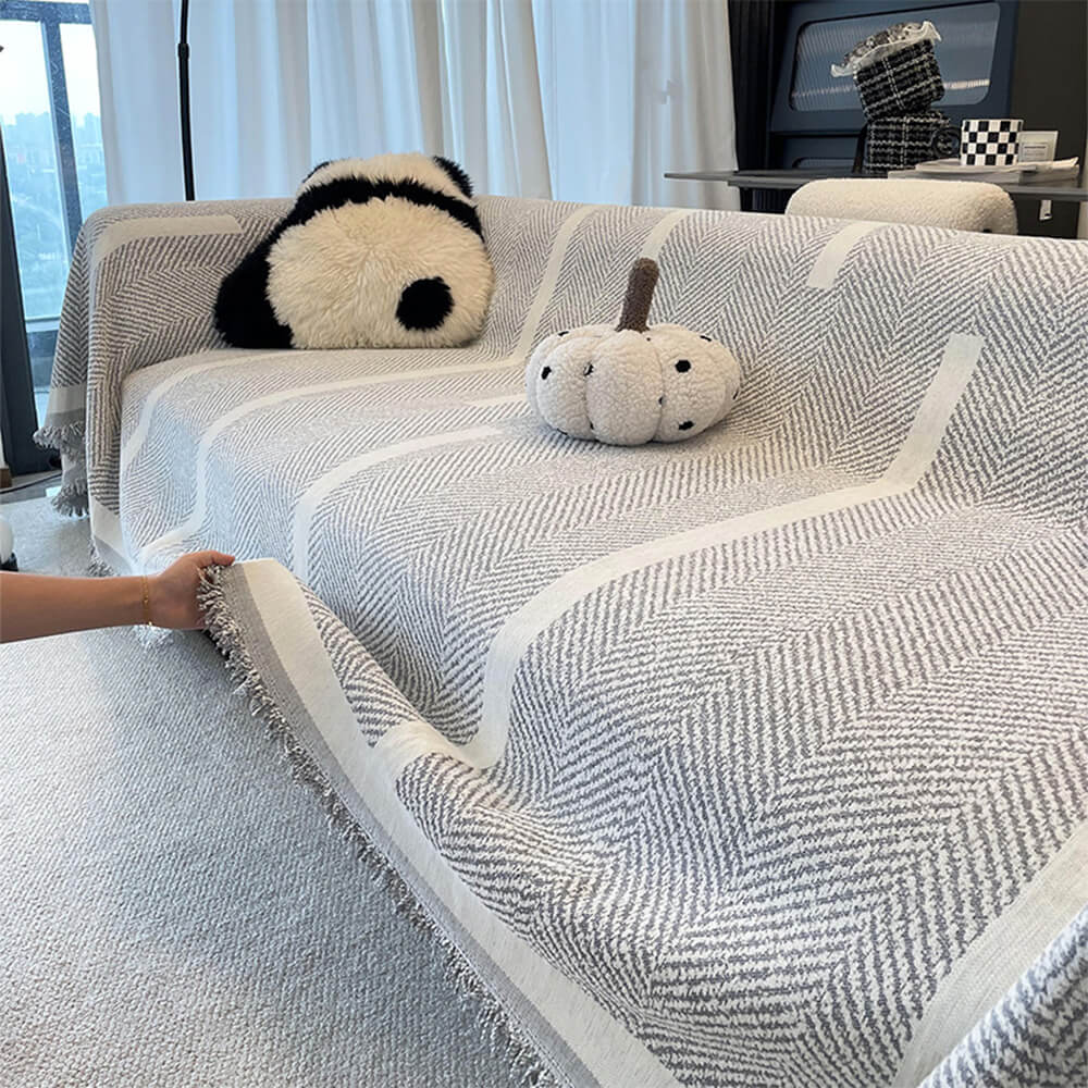Herringbone Pattern Fringed Chenille Throw Sofa Cover