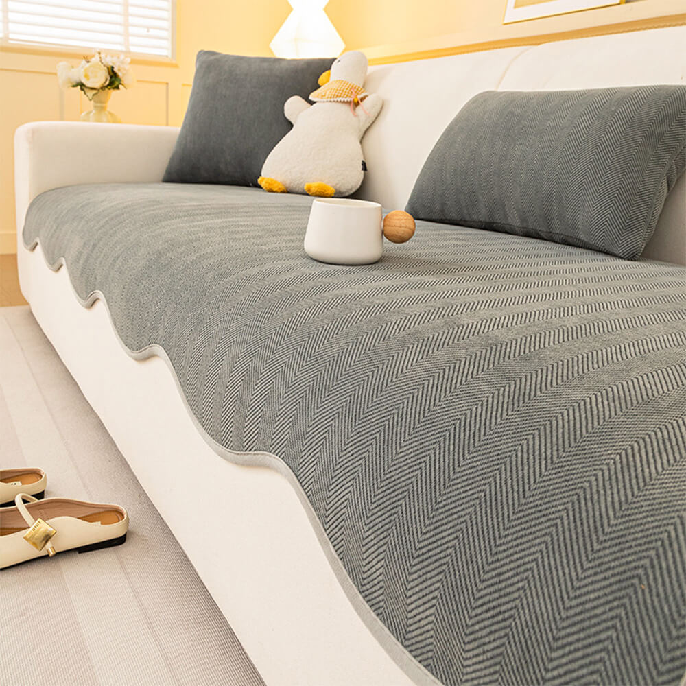 Minimalist Herringbone Chenille Non-Slip Wavy Edge Sofa Cover