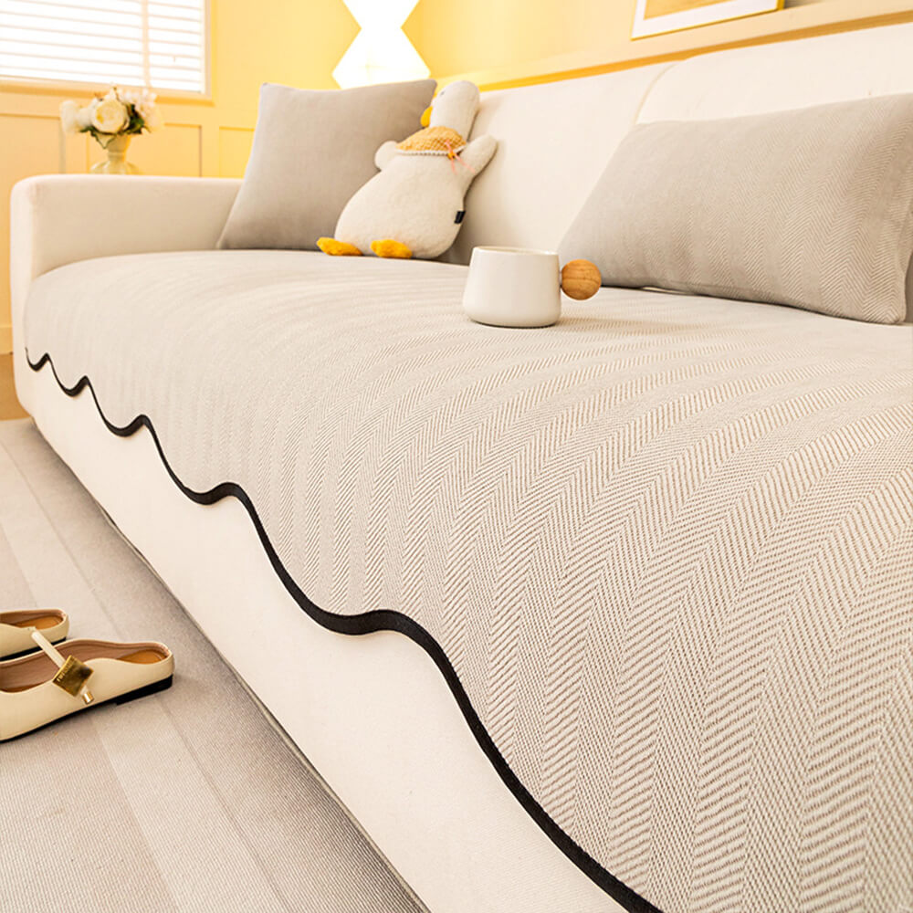 Minimalist Herringbone Chenille Non-Slip Wavy Edge Sofa Cover