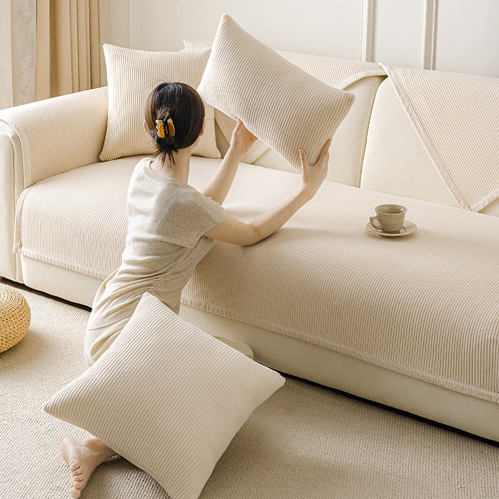 Modern Cream Vertical Stripes Fleece Sofa Cover for All Seasons
