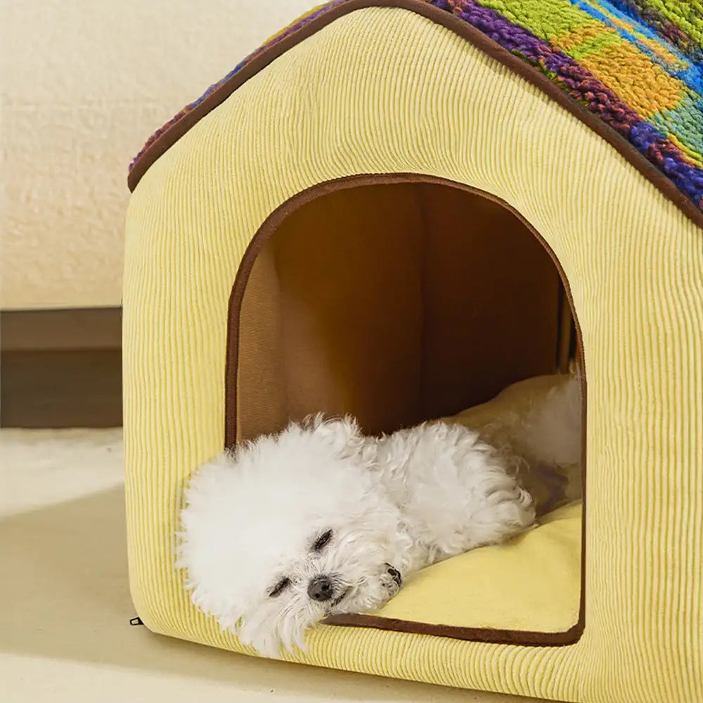 Plaid Retro Cosy Cave-Style Warm Deep Sleeping Dog & Cat Bed - Retro House