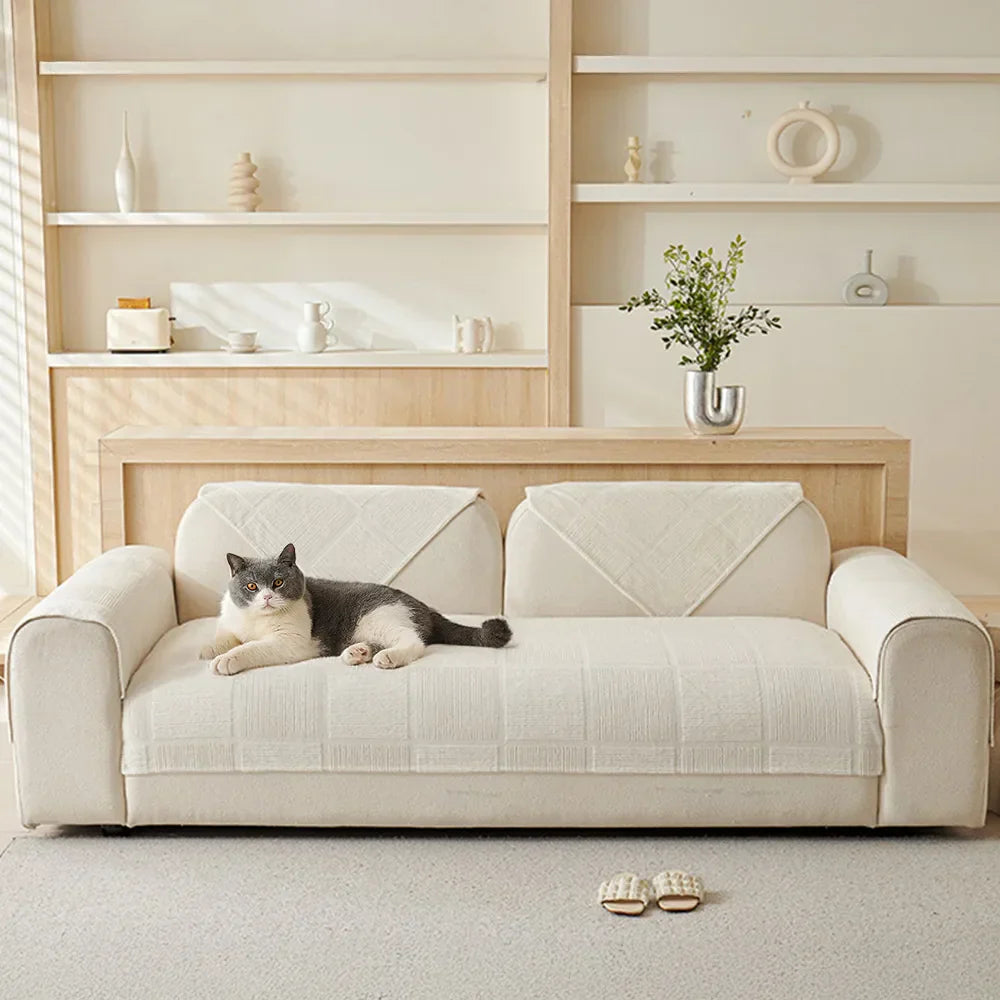 Plush Cream Geometric All Seasons Non-Slip Sofa Cover