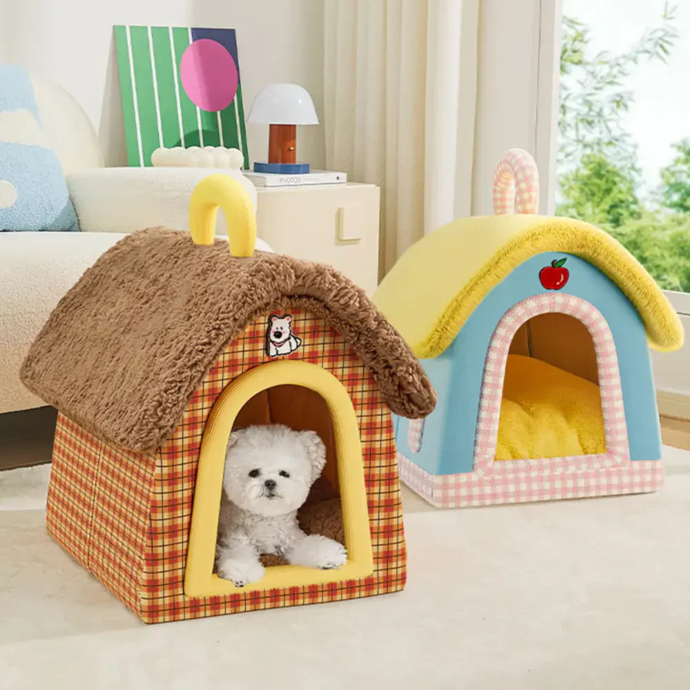 Vintage Plaid Cosy Plush Warm Foldable Cat Cave Dog House