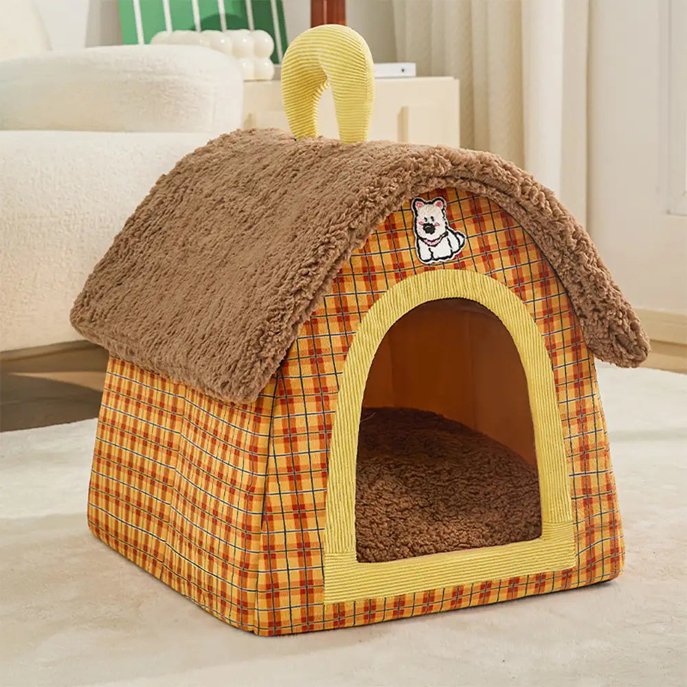 Vintage Plaid Cosy Plush Warm Foldable Cat Cave Dog House