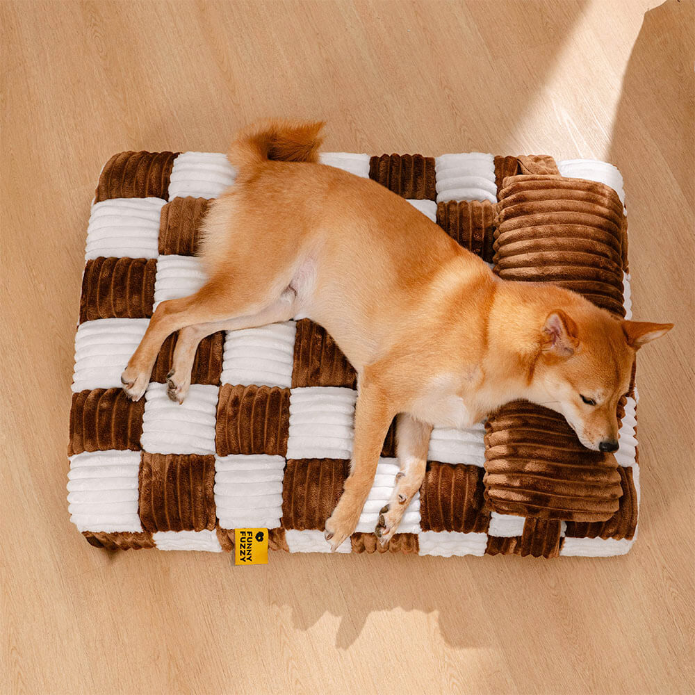 Handmade Plush Chequerboard Orthopaedic Support Dog Bed with Pillow