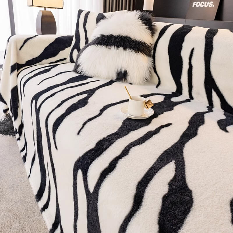 Luxurious Zebra-Print Fluffy Plush Sofa Protector Stylish Sofa Cover