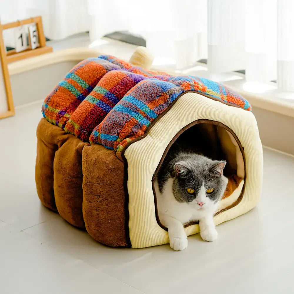Plaid Retro Cosy Cave-Style Warm Deep Sleeping Dog & Cat Bed - Retro House