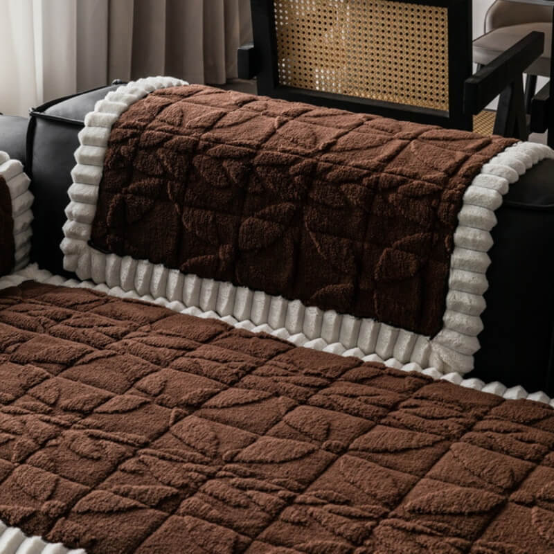 Thickened Short Plush Leaf Pattern Scratch Resistant Non-Slip Sofa Cover