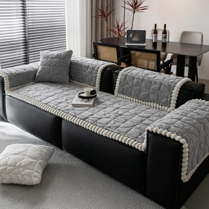 Thickened Short Plush Leaf Pattern Scratch Resistant Non-Slip Sofa Cover