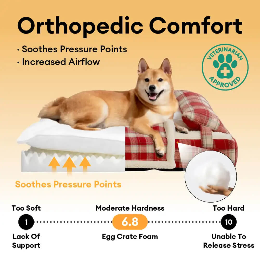 Vintage Plaid Plush Detachable Orthopaedic Dog Bed with Pillow - Puppy Snug