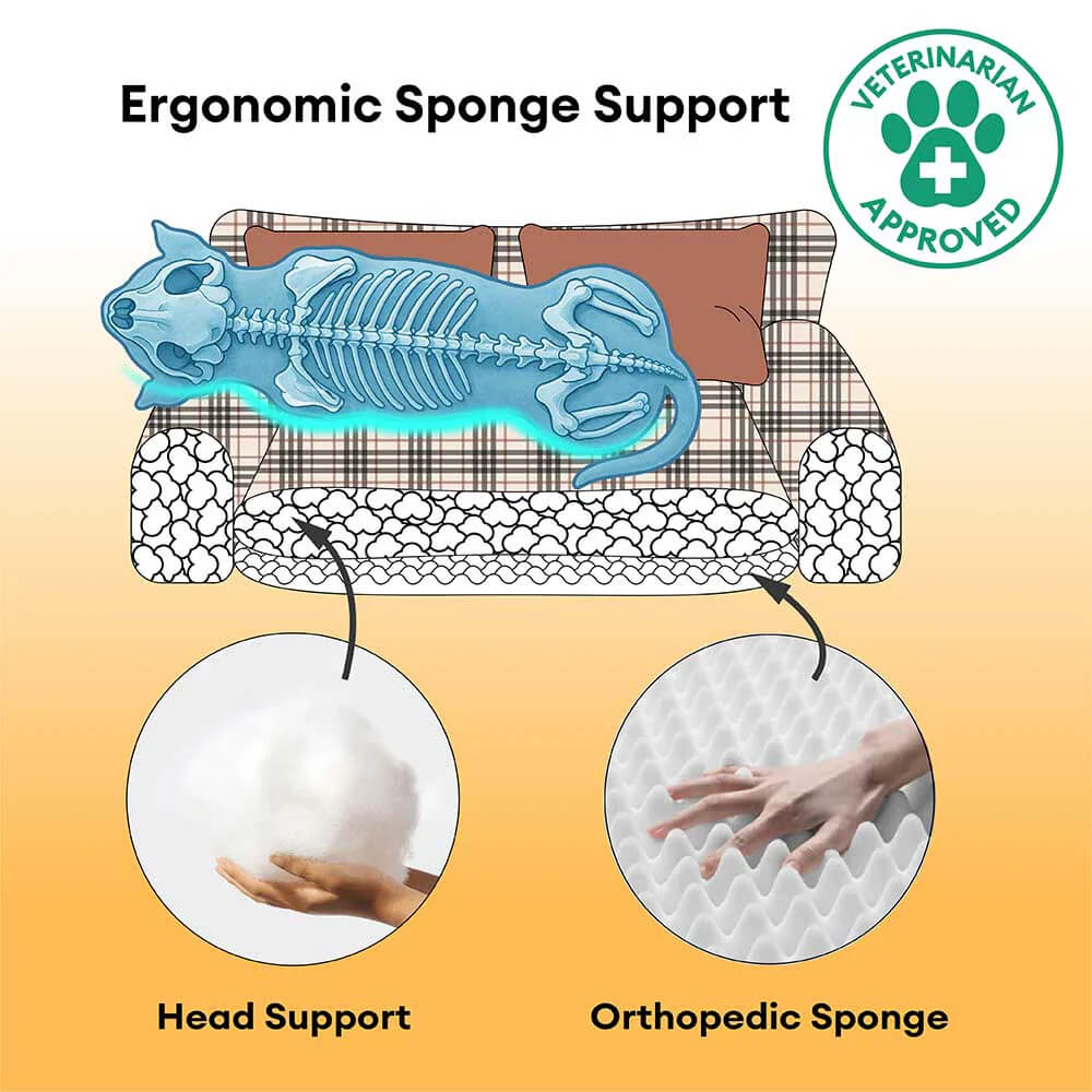 Vintage Plaid Plush Orthopaedic Dog Sofa Bed with Pillows - CosyLuxe