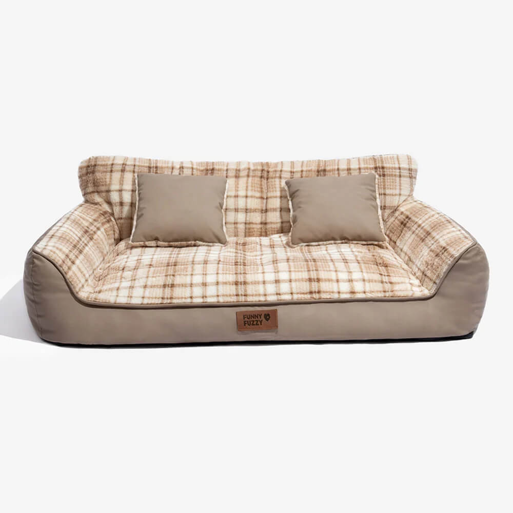 Vintage Plaid Plush Orthopaedic Dog Sofa Bed with Pillows - CosyLuxe