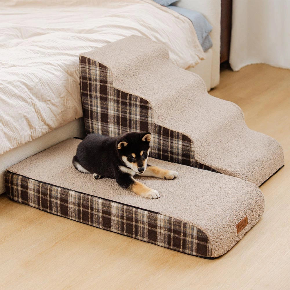 Plush Plaid High-Density Sponge Removable Pet Ramp Steps - ComfyClimb